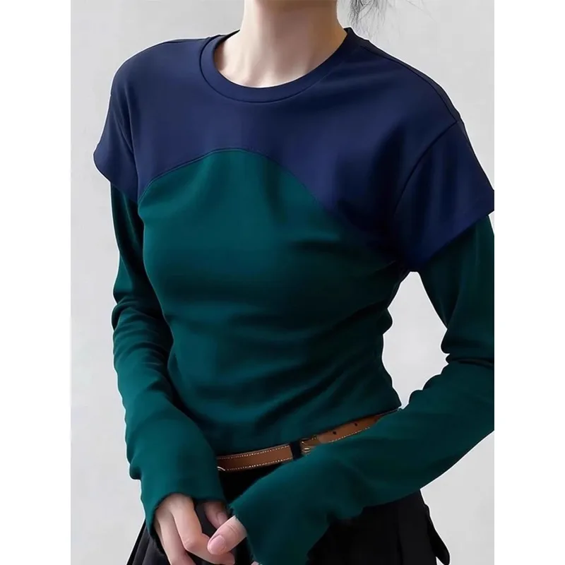 نسخة وهمية قطعتين المتناقضة اللون الربط قاع قميص طويل الأكمام تي شيرت المرأة الخريف الشتاء جديد تنوعا