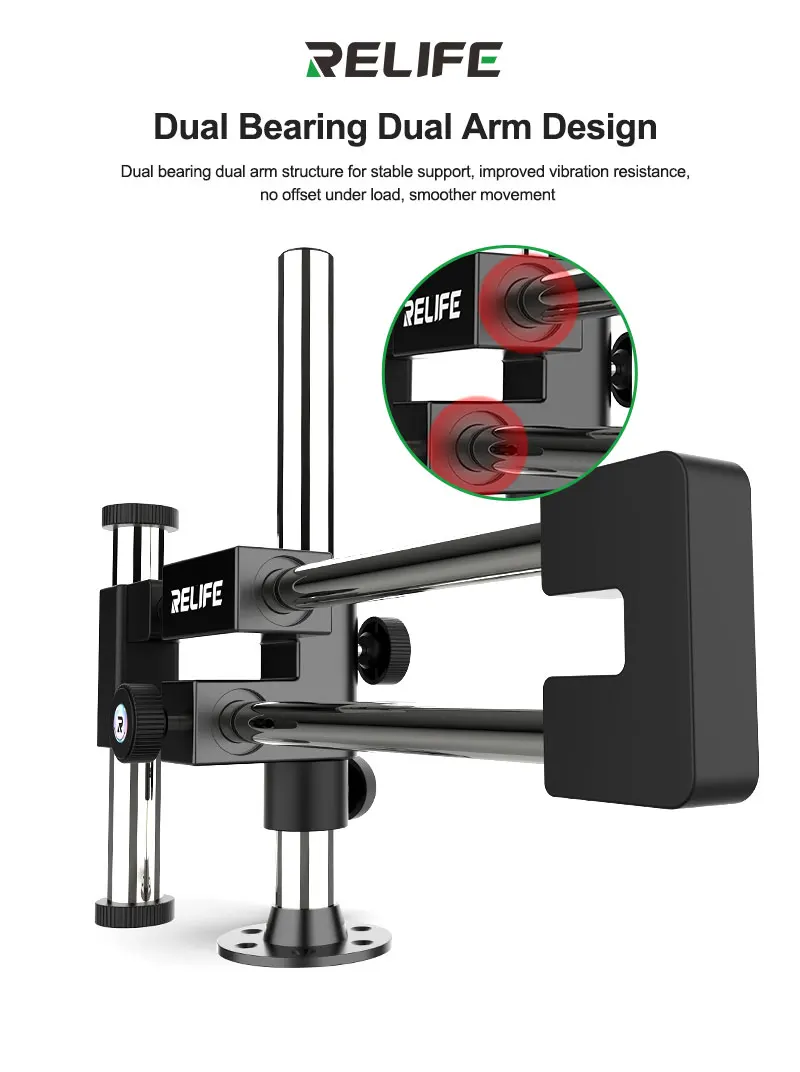 RELIFE MS2 Pro Dual Arm Microscope Stand Adjustable 360 Degree Rotation Aluminum Holder for PCB Soldering and Phone Repair Tool