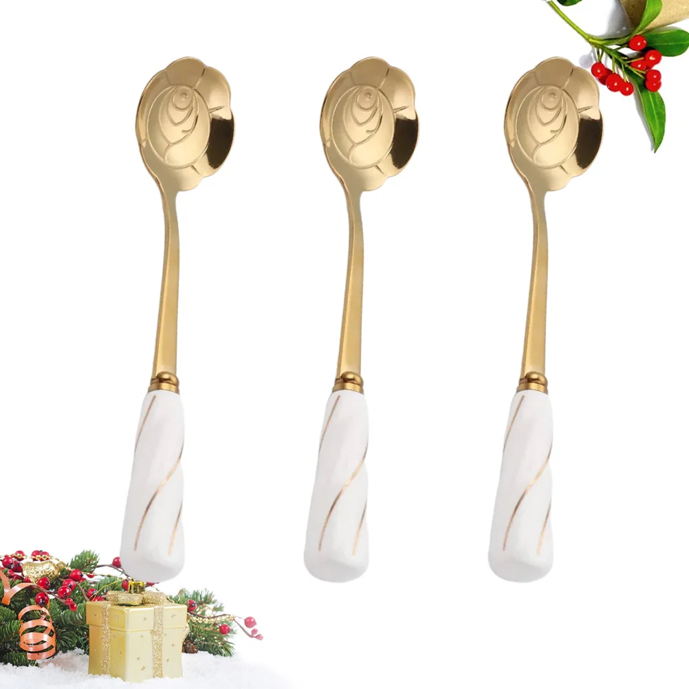 

3Pcs Stainless Steel Coffee Stirring Spoons Rose Handle Ceramic Mixing Spoon Set Heat Resistant for Cocktail Dessert Bar