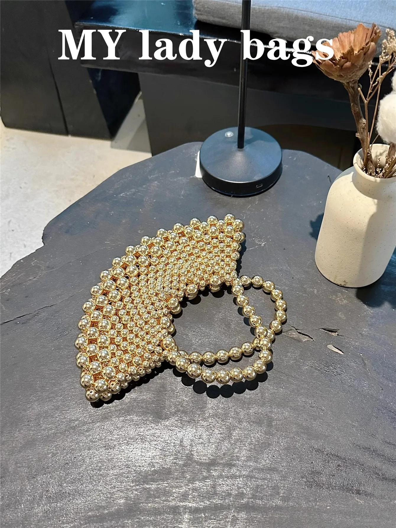 Bling Shiny Gold Beads Beaded Woven Handmade Fan Shaped Bag Hollow Out Women Handbag Fashion Clutch Purse Shoulder Crossbody Bag