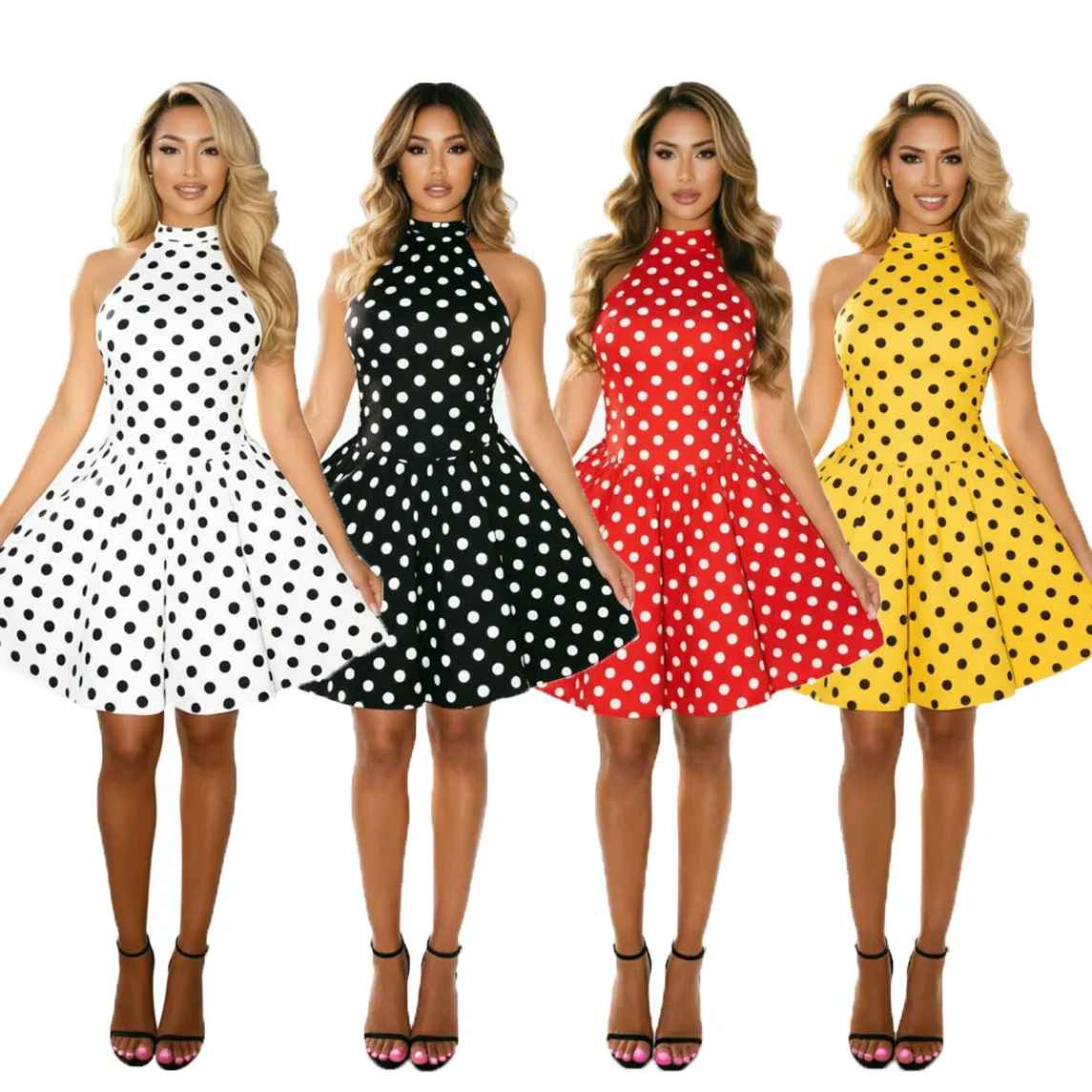 

Spring and Summer New Women's Fashion Halter Neck Tie-Back Polka Dot Print Flared Dress Women's Dress Jumpsuit