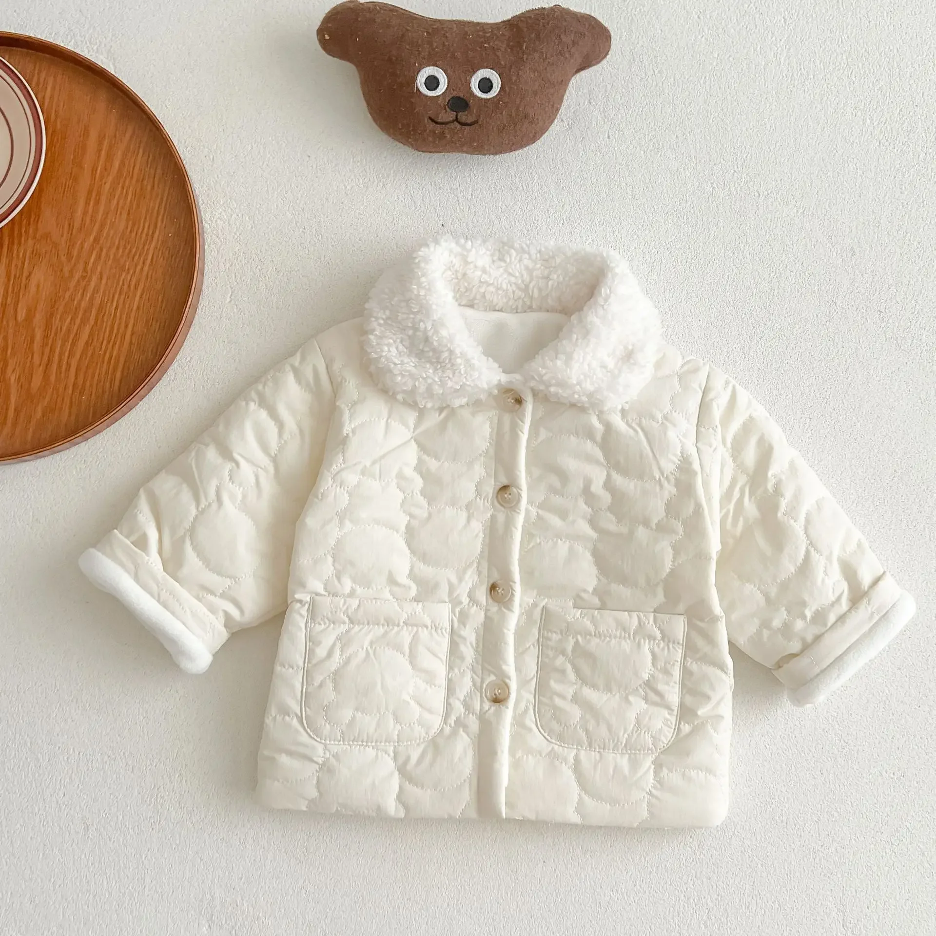 Winter Baby Cotton Coats Baby Embossed Warm Boys and Girls Clothes Pretty Lapel Pockets Newborn Tops White Coat