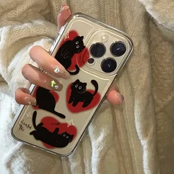 Ins Lovely Love Heart Black Cat Phone Case For iPhone 16 Pro Max 15 14 13 12 11 Pro Xr Xr Max 7 8 Plus Cartoon Y2K Phone Cases