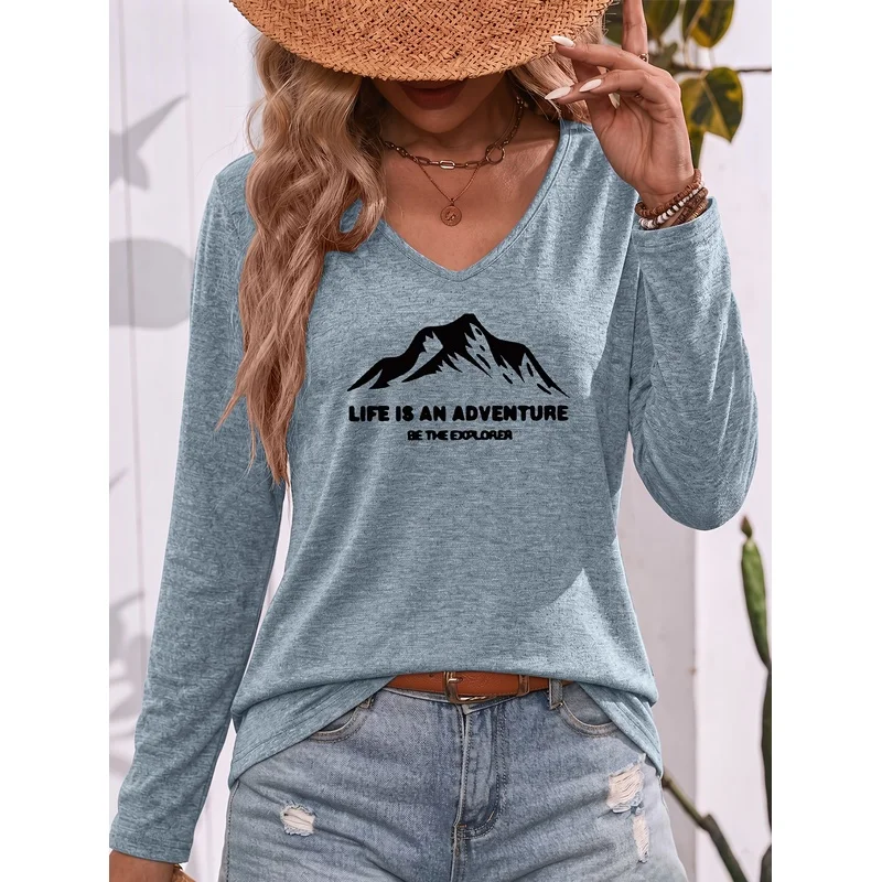 Casual Daily Wear V Neck Long Sleeve T Shirt With Mountain Silhouette And Inspirational Quote Print Soft Breathable Skin Friendl
