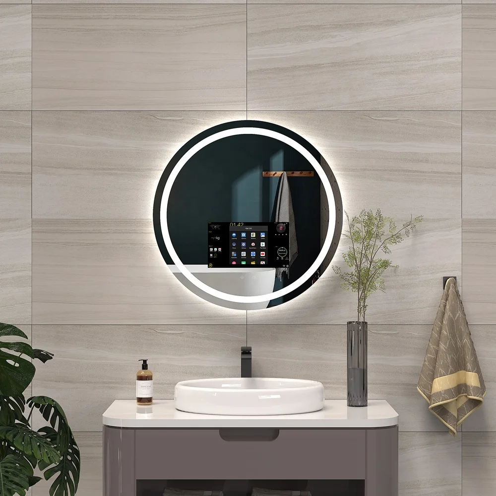 

Factory Heater Temperature Display Blue_tooth Defogger Round Smart Touch Screen TV Backlit LED Bathroom Mirror