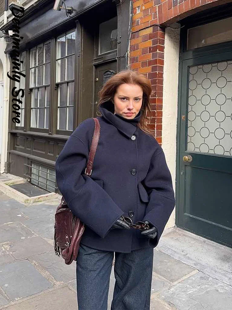 

Элегантное асимметричное пальто из шерстяной смеси для женщин, свободного кроя, с воротником-стойкой, на одной пуговице, с длинными рукавами, весна 2026, для повседневной носки