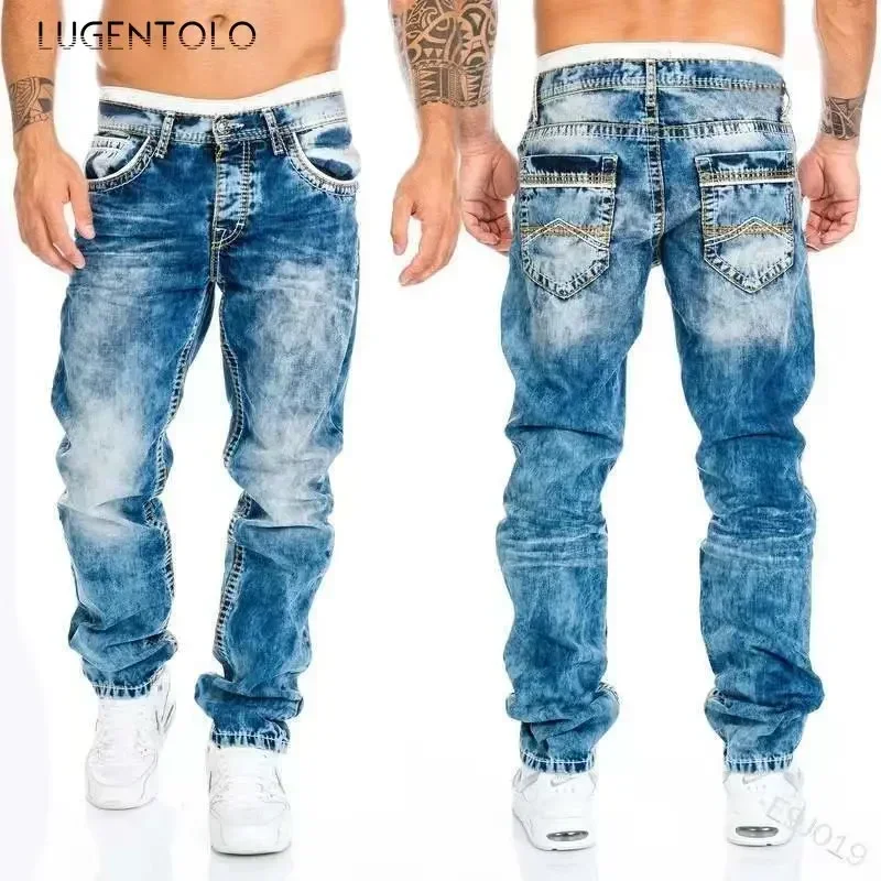 men Slim-fit stretch jeans Mid-rise fashion Bleached Folded straight tube denim Casual trousers daily street Lugentolo