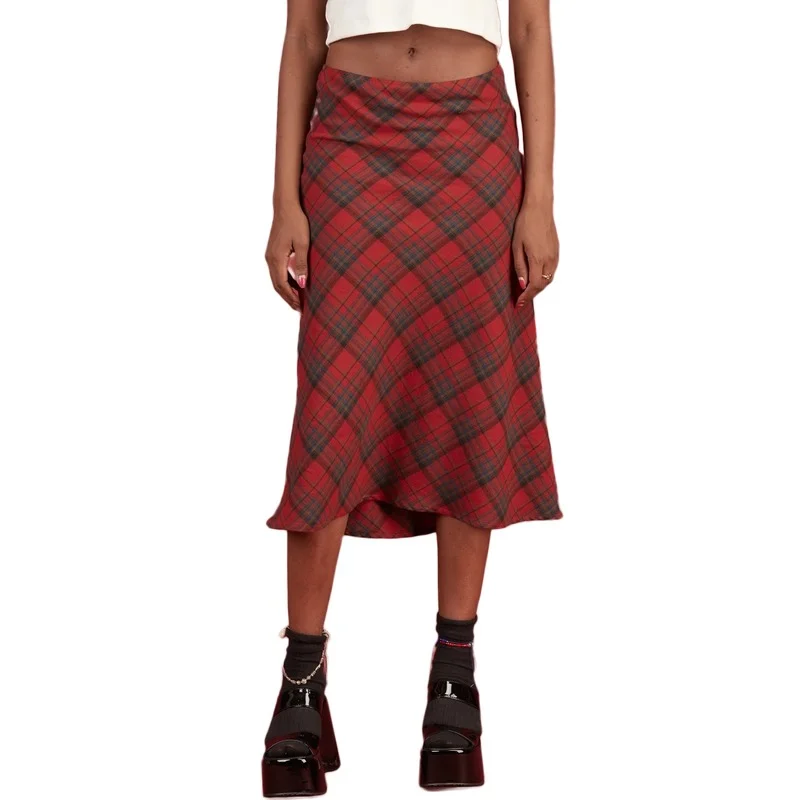 

90s Plaid High Waist Brown Midi Skirts Vintage Indie Aesthetics Printing A-Line Long Skirt Y2K E-Girls Streetwear 2024 Summer