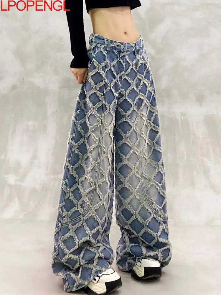 

2026 Plaid Jacquard Design Washed Casual Jeans Women New High Waisted Loose Versatile Vintage Button Straight Wide Leg Pants