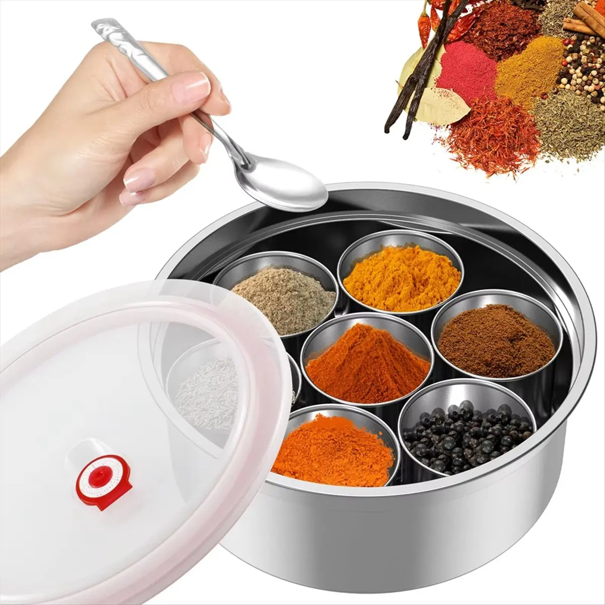 N14R Top Stainless Steel Spice Containers with 7 Compartments Indian with Transparent Lid