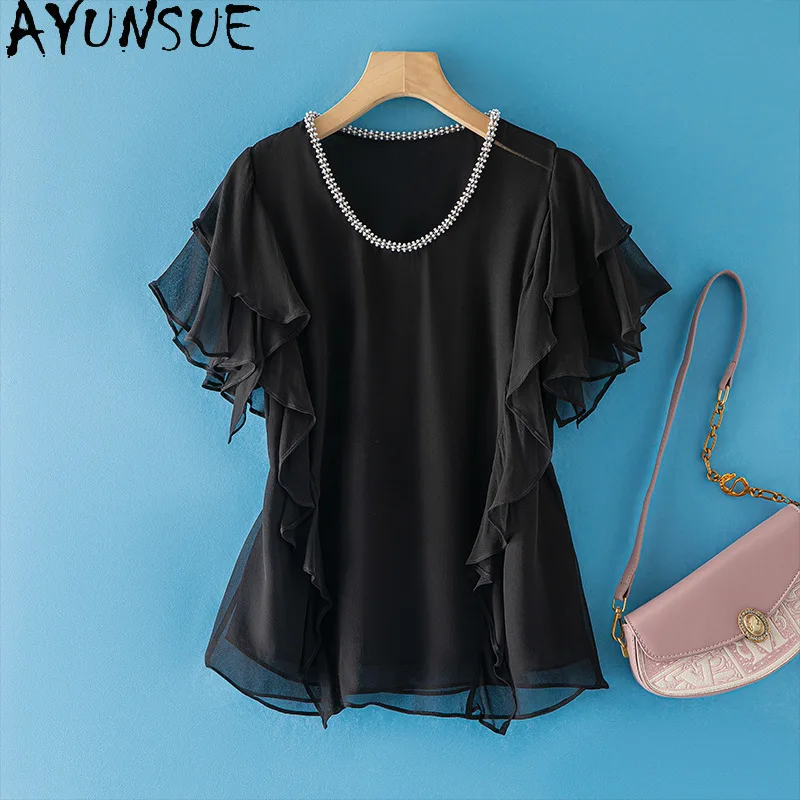 

AYUNSUE 100% Silk Women's T-shirts Solid Pullover Tops for Woman Stylish O-neck T Shirts Summer Clothes Woman 2026 топ женский