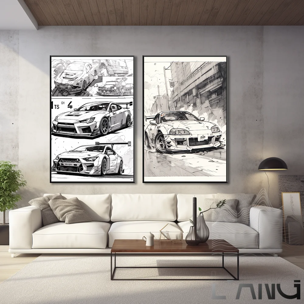 

Car sketch style black and white poster canvas painter wall living room study bedroom decoration painting can be customized size