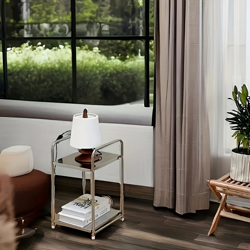 رف تخزين معدني حديث من طبقتين - طاولة جانبية متعددة الاستخدامات ومنظم بجانب السرير، حامل عرض معاصر لديكور المنزل