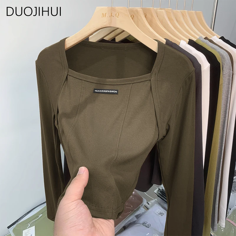 DUOJIHUI American Chic Square Neck Simple Women t-shirt autunno New Basic tinta unita moda Casual manica lunga t-shirt femminili