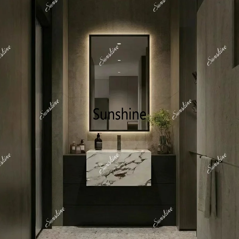 Bathroom cabinet combination rock slab integrated basin floor solid wood paint washing table