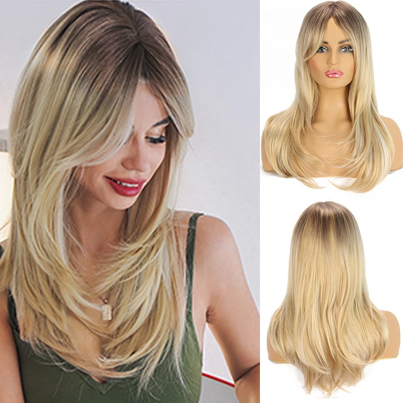 

European and American layered for white women with bangs, gradient color long curly hair, synthetic fiber wigs