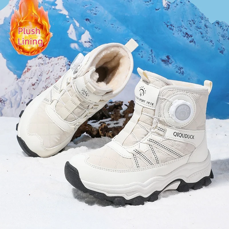 Kids Snow Boots Rotary Buckle Winter Ankle Boots Waterproof Lined Plush Anti-slip Outdoor Cold Weather Girls Boys Warm Footwear