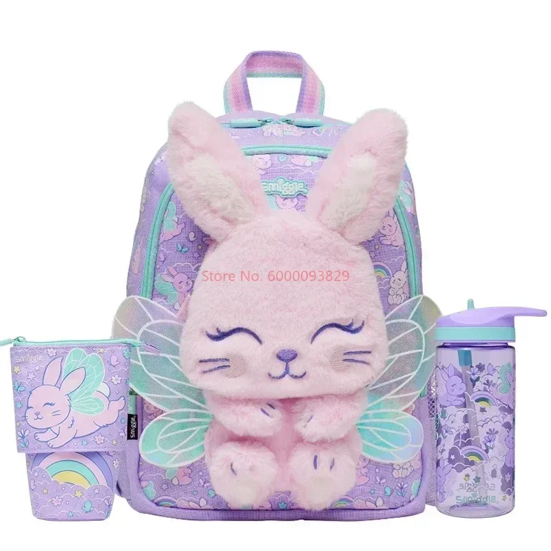 New Australian Smiggle School Bag Kawaii Purple Angel Rabbit Medium Children Backpack Water Cup Retractable Pen Bag Student Gift