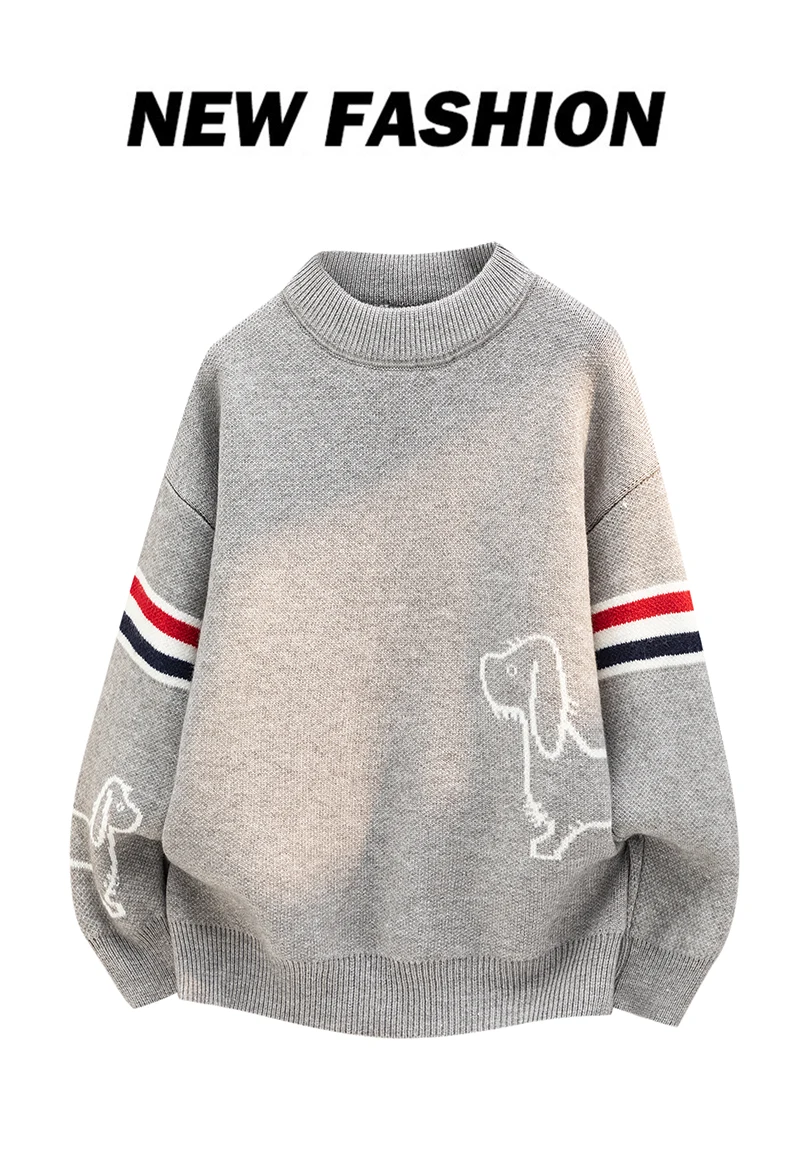 Luxus Marke Pullover Herren Herbst Winter Neue süße Welpen Druck Mode gestreifte Knopf Design Casual Warm Rund Stricken Sweater – Detail 2