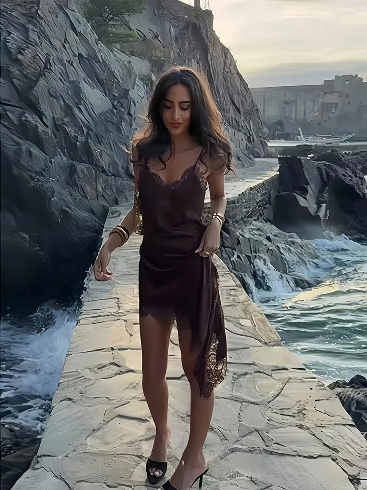 Vestido de satén suave con tirantes para mujer Vestido sexy sin espalda con ribete de encaje Vestido de fiesta retro Elegante vestido con escote en V y hombros descubiertos