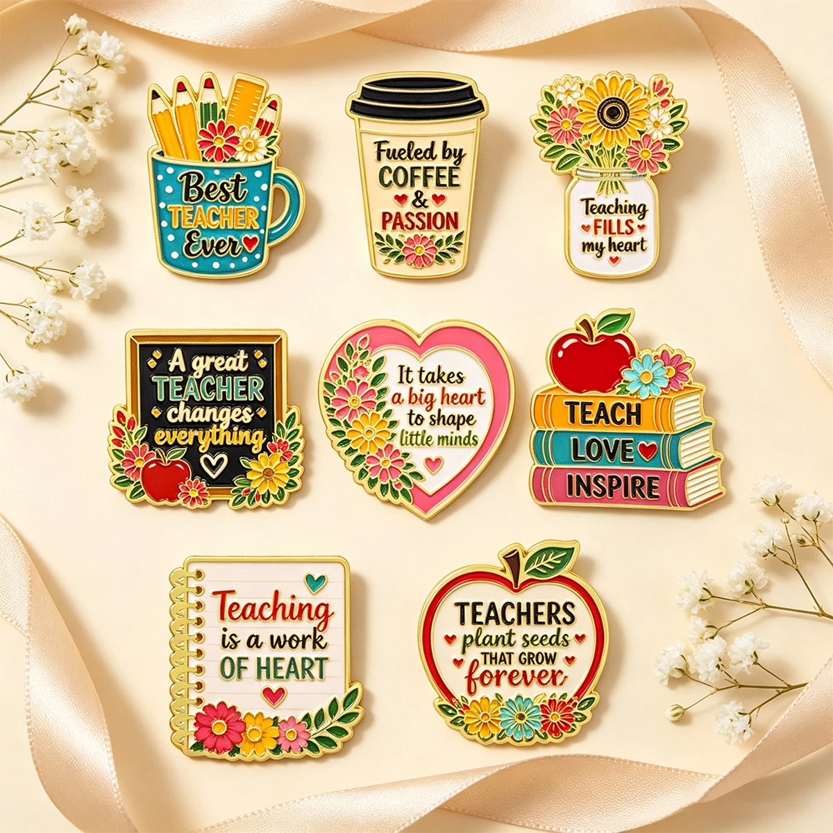 8-teiliges Set an Emaille-Pins zur Lehreranerkennung mit inspirierenden Zitaten, Anstecknadel für Rucksäcke, Geschenk für Lehrer – Detail 2