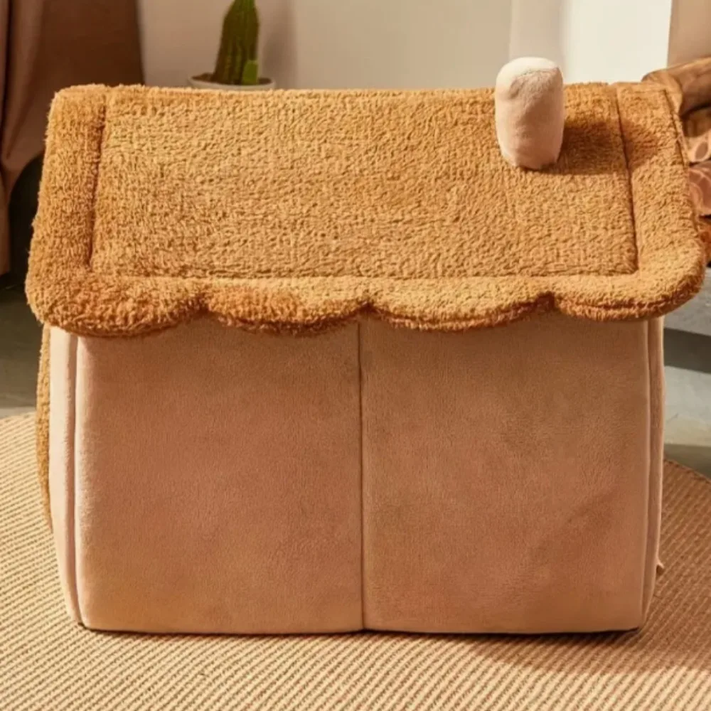 

Adorable Foldable Pet House Removable Soft Cat House Brown Washable Puppy Kennel Winter