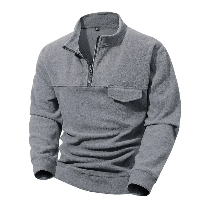 Winter Men Softshell Jacket Polar Fleece Half Zip Pullover Sweatshirt Stand Collar Thermal Windproof Work Coat Casual Outdoor