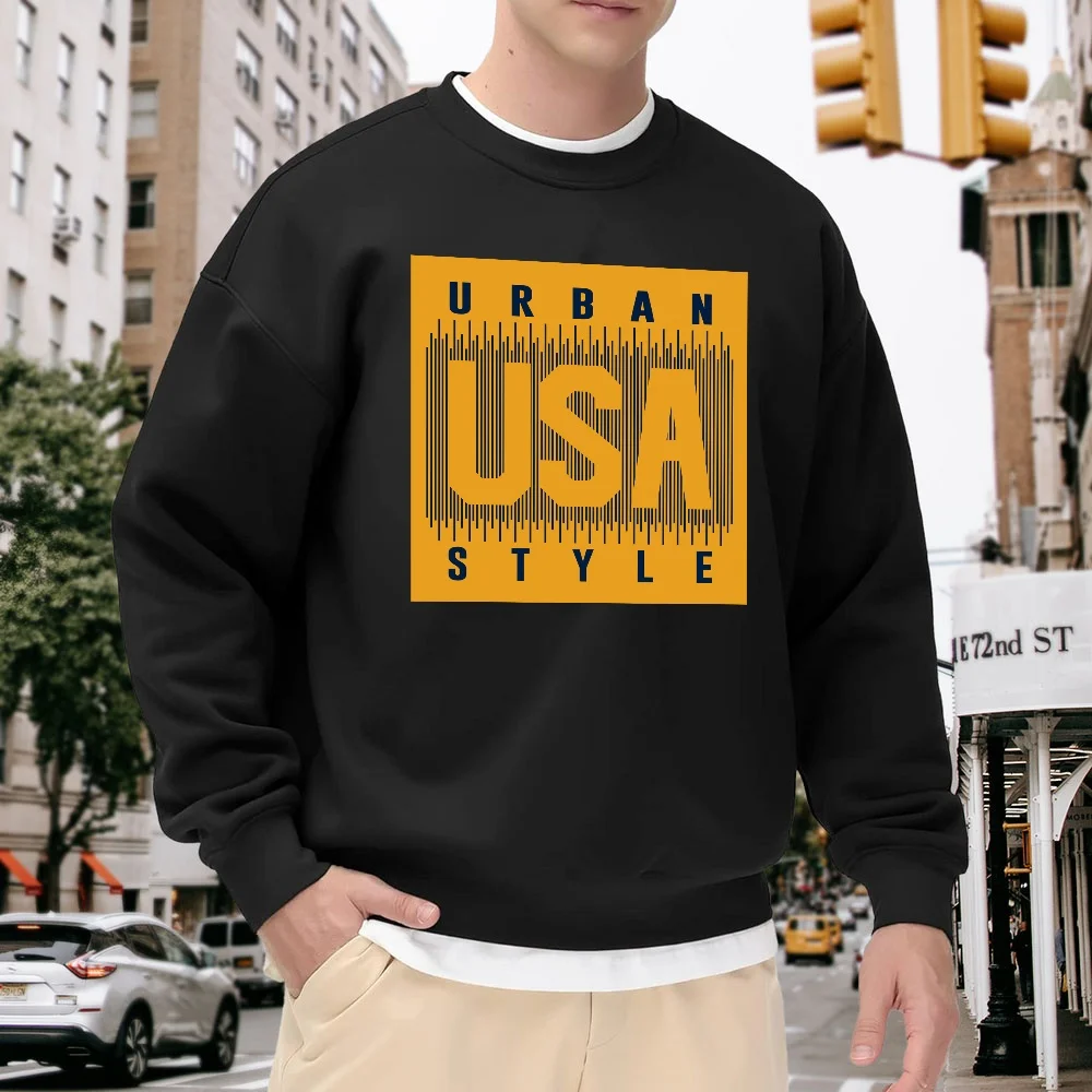 

Men's Black Crew Neck Sweatshirt, American Street Style Letter Print Top, Loose Casual Pullover, Versatile Trendy Style for Everyday Wear