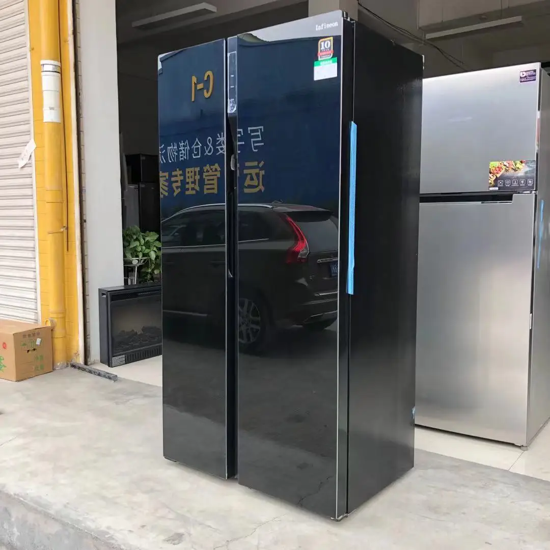 ثلاجة عالية الجودة جنبًا إلى جنب، باب زجاجي أسود مبرد بالرياح، موفر للطاقة، ثلاجة 570 لتر
