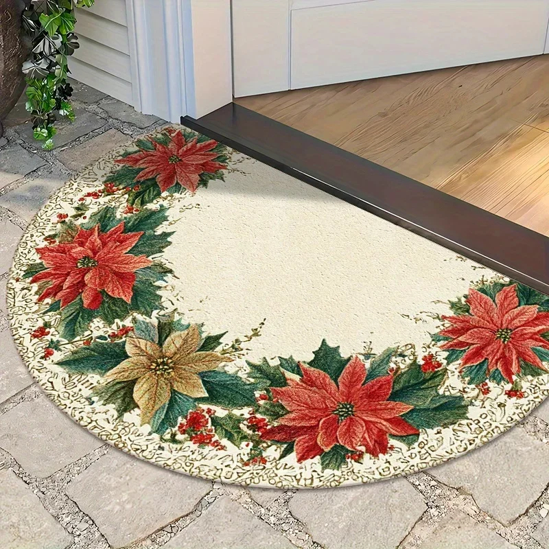 Luxury Christmas Poinsettia Semi Circle Doormat Vintage Holiday Wreath Rug Elegant Welcome Floor Mat For Entrance Home