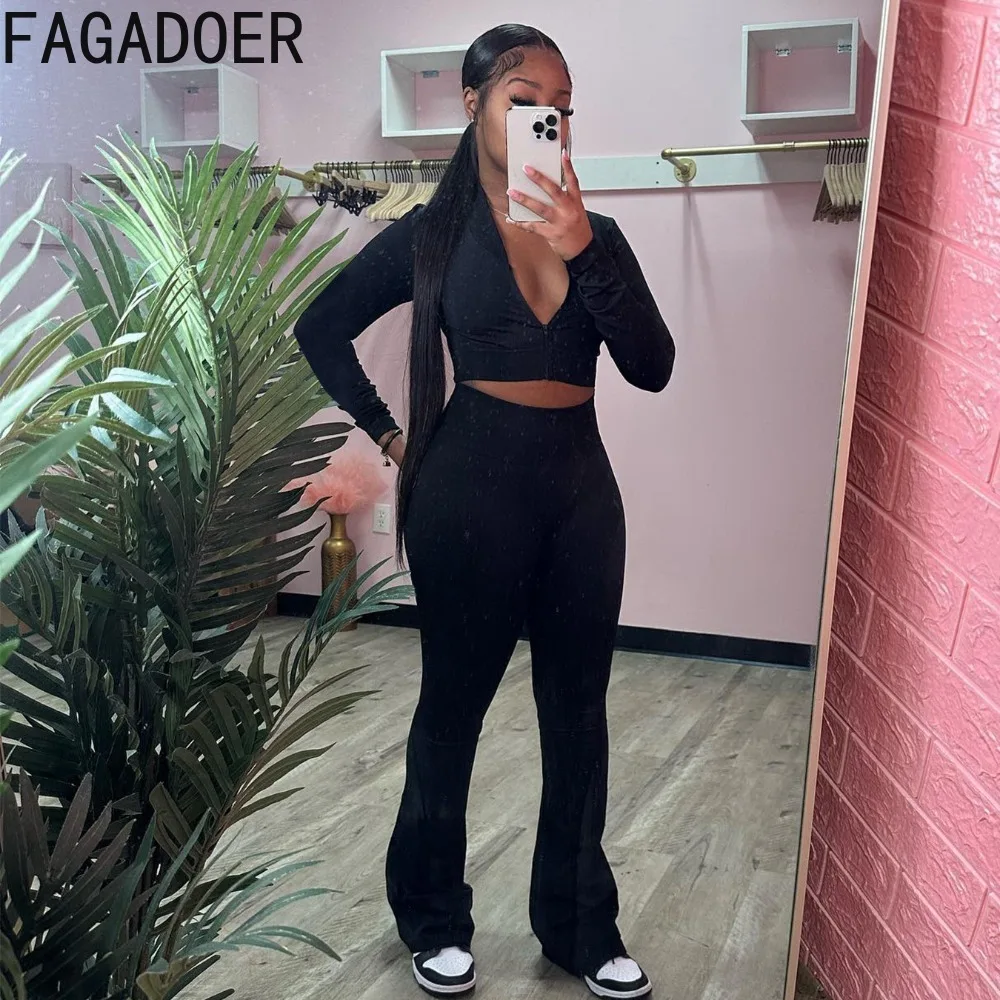 FAGADOER Fashion Solid Color Sporty Flare Pants Women Vest + Long Sleeve Crop Coats + Skinny Pants 3-częściowe zestawy strojów damskich