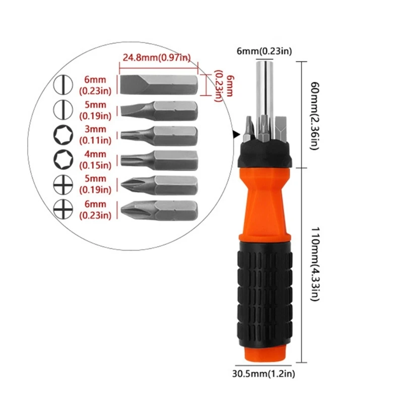 6-In-1 Multi-Bit Screwdriver Set 17cm Length Screwdriver and Bits Magnentized Shaft For Securing Bit