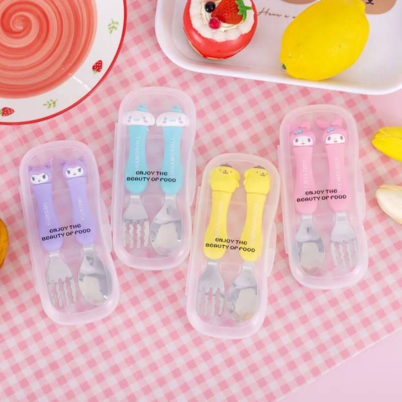 

2Pcs Kuromi Rice Spoon Fork Cartoon Cute Stainless Steel Shape Handle Rice Spoon Fork Student Lunch Utensil Box Girl Gift