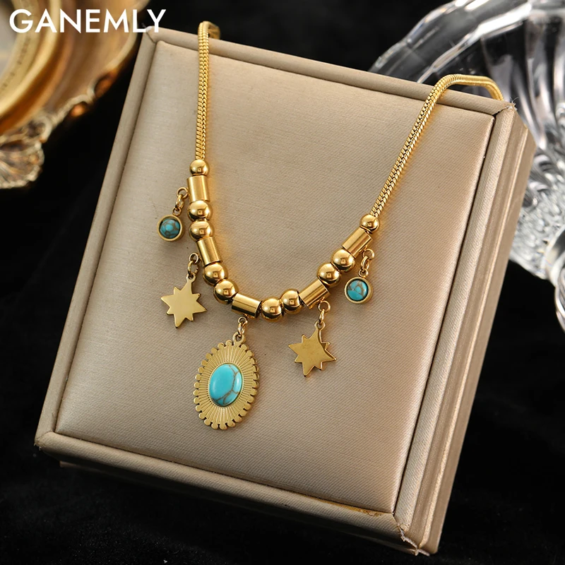 GANEMLY 316L Stainless Steel Vintage Oval Artificial Turquoise Pendant Necklace For Women Fashion Neck Chain Waterproof Jewelry