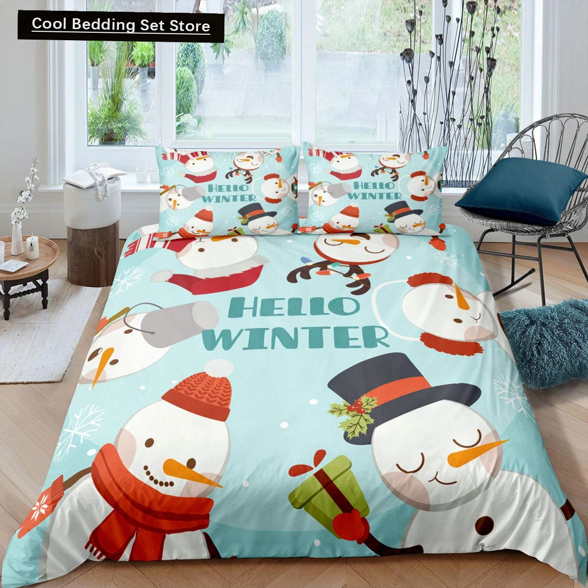 

Kids Cartoon Snowman King Queen Duvet Cover Winter Quilt Cover White Snowflake Christmas Bedding Set Polyester Comforter Cover