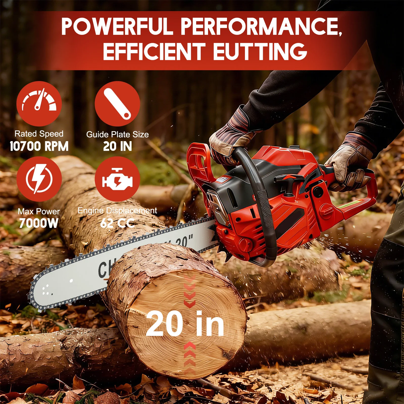 20-Inch Cordless Chainsaw 10700 RPM 2-Cycle 62CC 3.4HP for Farm/Garden/Ranch/Heavy-Duty Woodwork Cutting Garden Pruning Saw