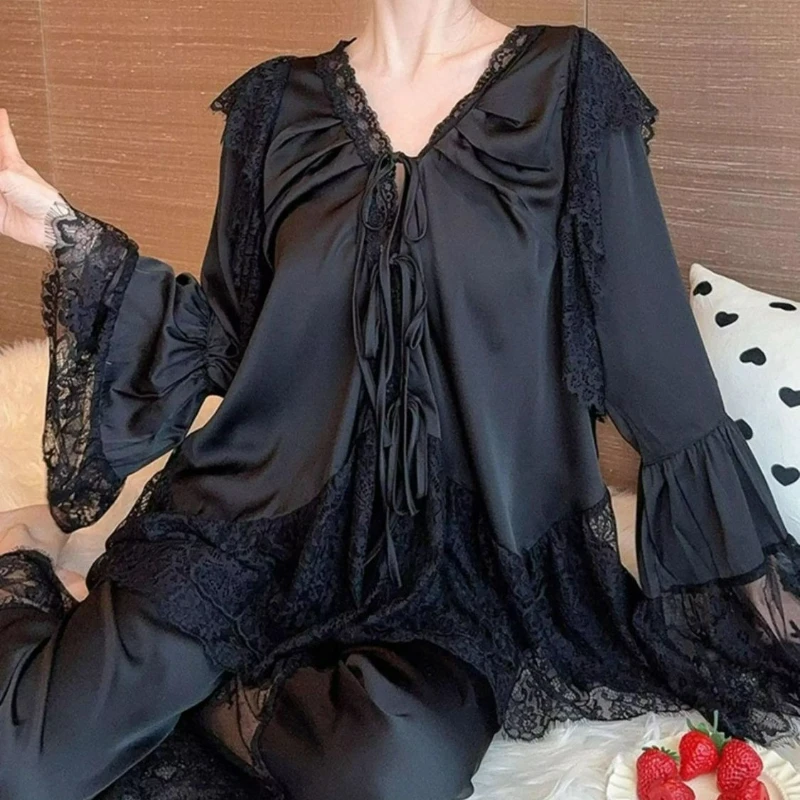 2026 ربيع الخريف مجموعة بيجامة فضفاضة كبيرة الحجم عصرية للنساء جديدة أنيقة الدانتيل بأكمام طويلة السراويل الطويلة ملابس المنزل