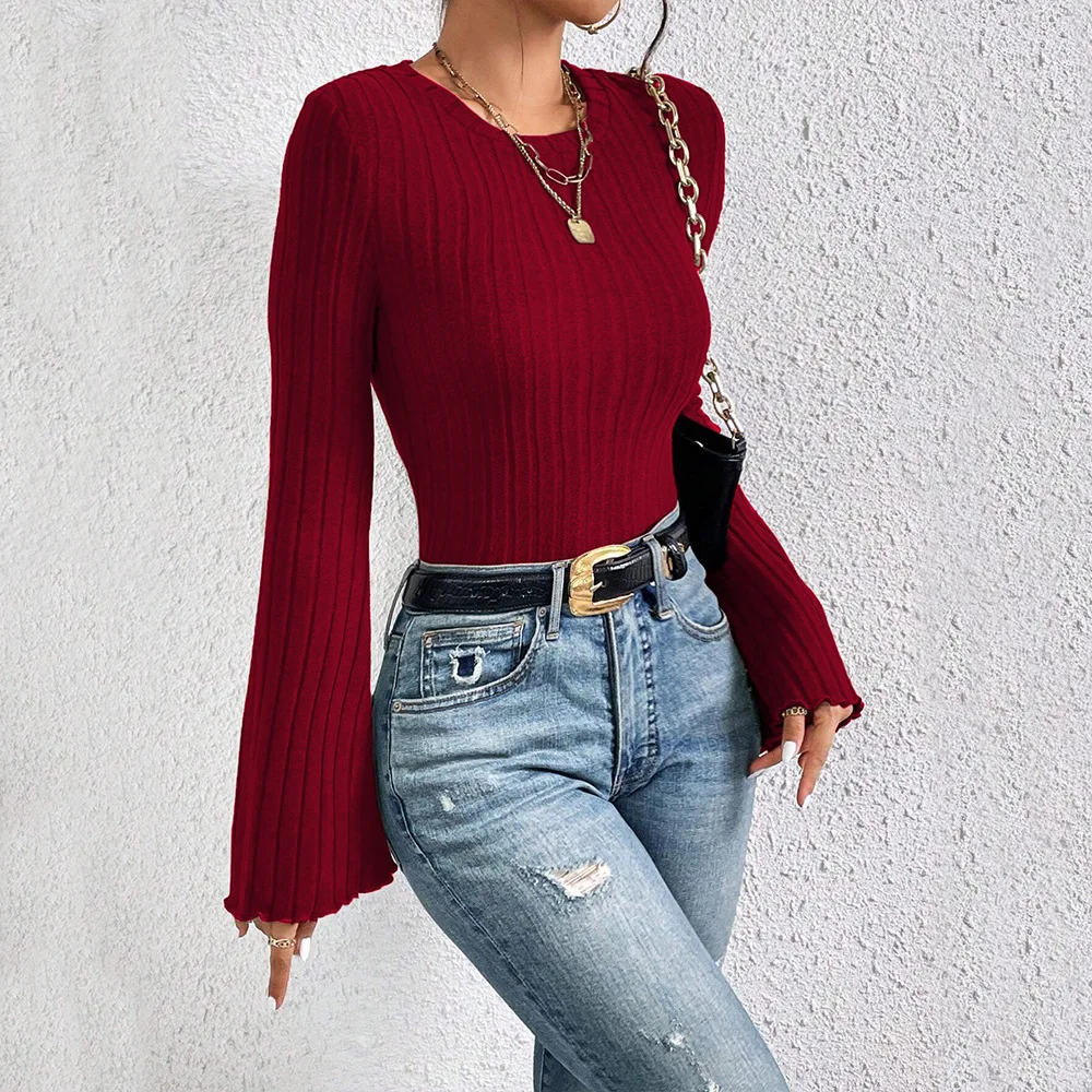 Women\'s Top Elegant Autumn and Winter 2024 New Fashion Crew Neck Horn Sleeve Burgundy T-shirt Commuter Casual