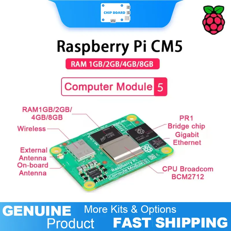

Raspberry Pi CM5 delivers versatile performance with BCM2712, 2-16GB RAM, WiFi, eMMC storage, and dual 4K HDR display suppor
