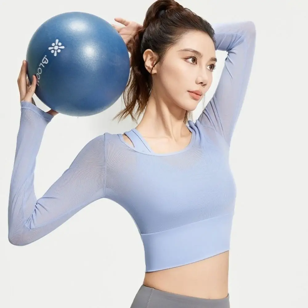 

Long Sleeved Fitness Yoga Top Mesh Splicing Fixed Chest Pad Yoga Shirts Slimming Design Breathable Workout T-shirt