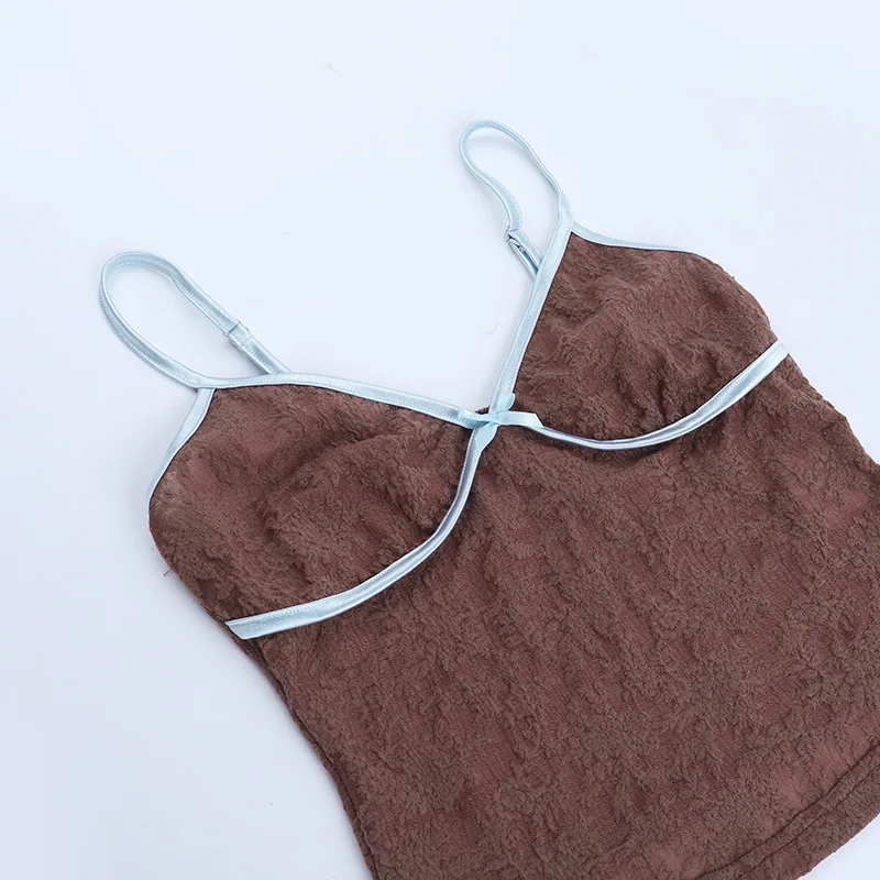 2026 المرأة الصيف السباغيتي حزام الأعلى عارية الذراعين الرسن الخامس الرقبة الأساسية البني كامي أكمام تانك القمم المرأة الصيف بروتيل #4