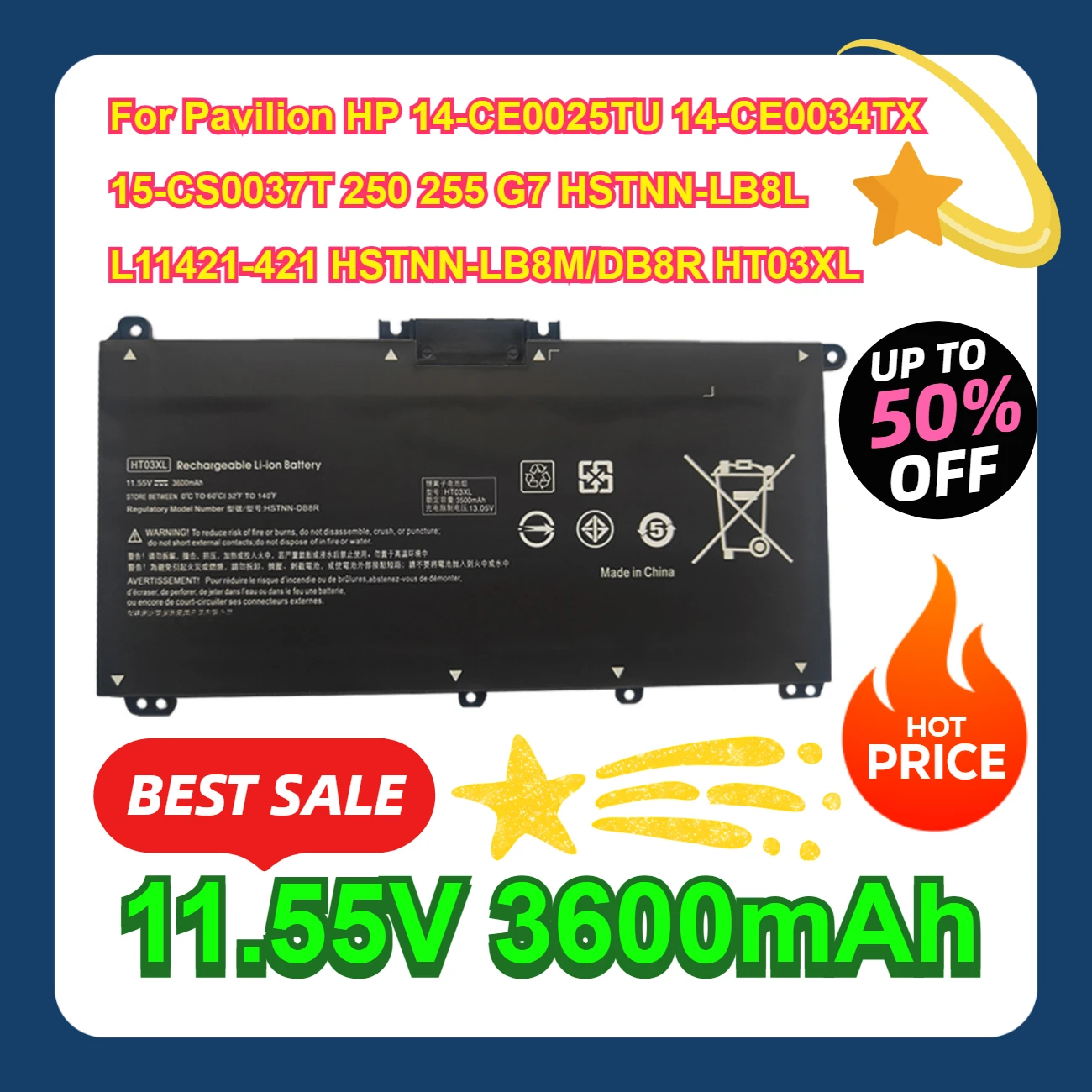 

For Pavilion HP 14-CE0025TU 14-CE0034TX 15-CS0037T 250 255 G7 HSTNN-LB8L L11421-421 HSTNN-LB8M/DB8R HT03XL Battery