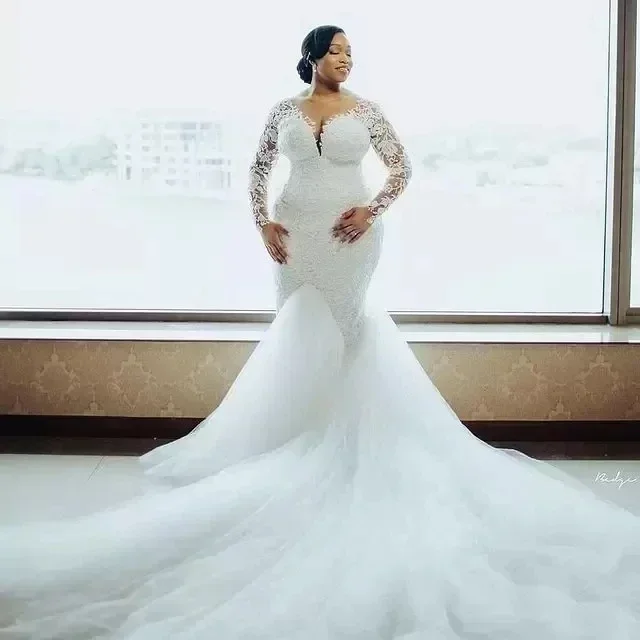 Suknie ślubne w stylu arabskim Aso Ebi plus size, z koronką, koralikami, krój syreny, prześwitujący dekolt, długie rękawy, vintage.