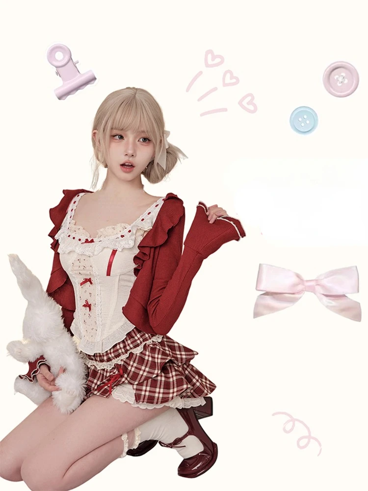 2024 Summer Japanese Sweet 3 Piece Set Outfits Women Causal Short Cardigan + Cute Lace Floral Bow Vest + Kawaii Plaid Mini Skirt