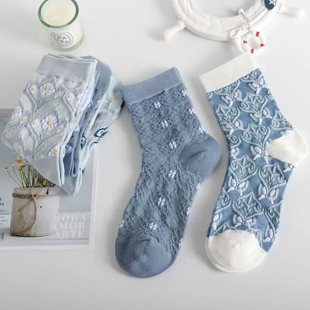 5 Pairs Fresh Blue Floral Print Crew Socks Cotton Breathable Ankle Socks Elastic Cuff Soft Mid Calf Socks Daily Wear