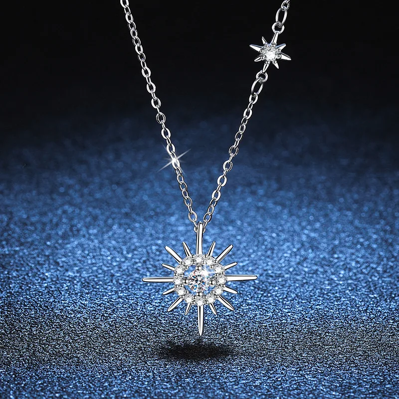 s925 Sterling silver Moisant diamond pendant female Korean fringe star moon six star clavicle chain female Moissanite necklace f