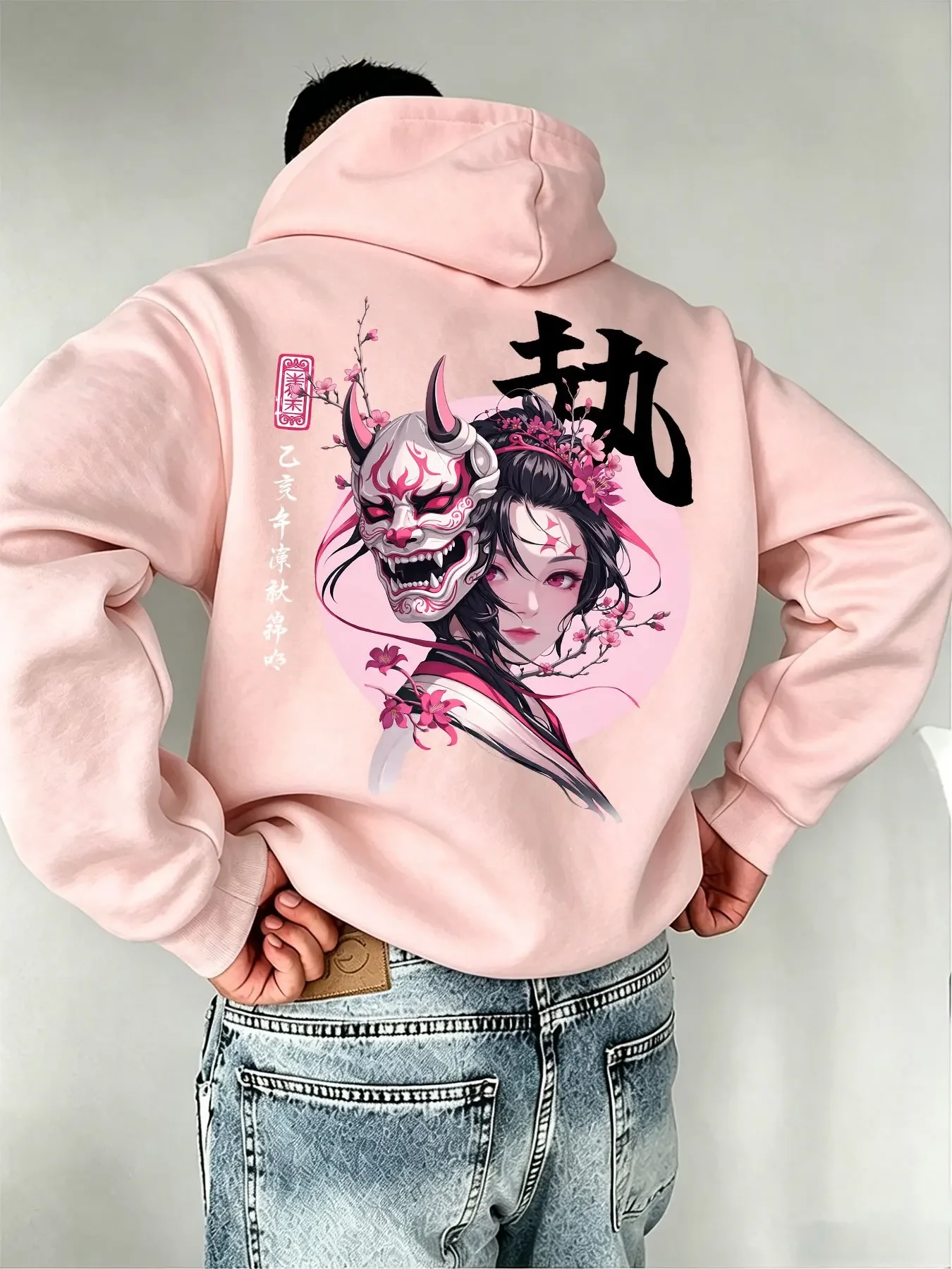 Japanese Demon Anime Hoodie Men Oversized Streetwear Samurai Graphic Print Pullover Sweatshirt Autumn Winter Casual Hooded Top