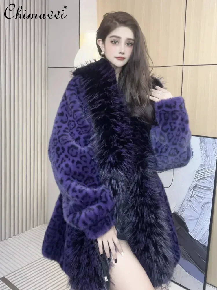 Winter New European Mink Fur Integrated Jacket Women\'s Luxury Leopard Print Mid-length Raccoon Fur Warm Elegant Faux Fur Coat