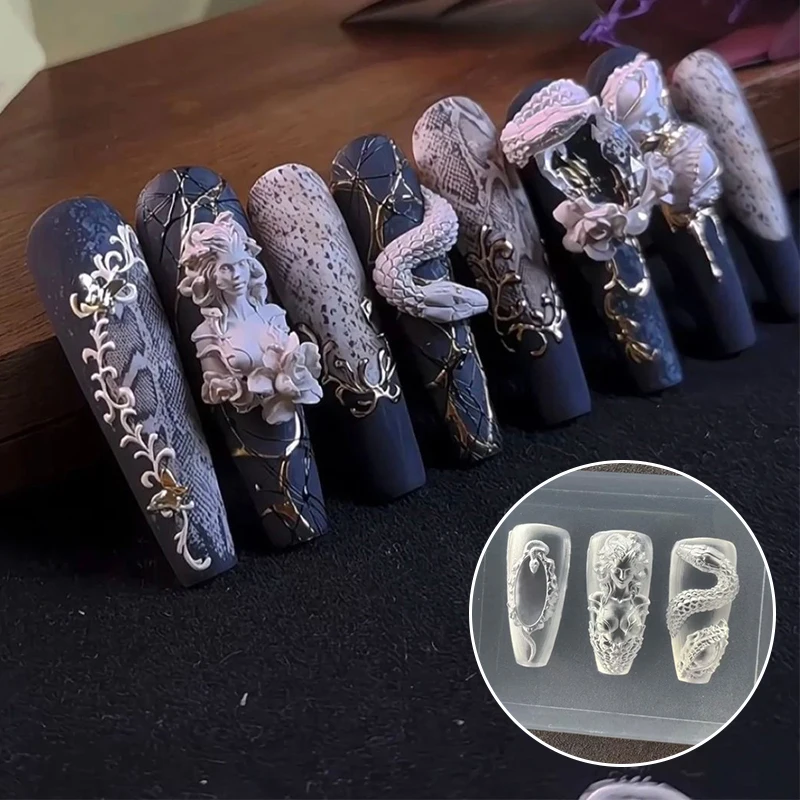 1 pz serpente modello per unghie in rilievo 3D decorazioni per unghie stampo per unghie in silicone bella donna strumento per manicure per nail art