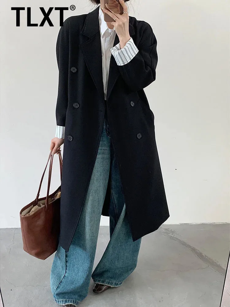 

TLXT Fashion Women's Color-Block Striped Patchwork Trench Coat Mid-Length British Style Blazer Coat 2025 Winter New Clothing